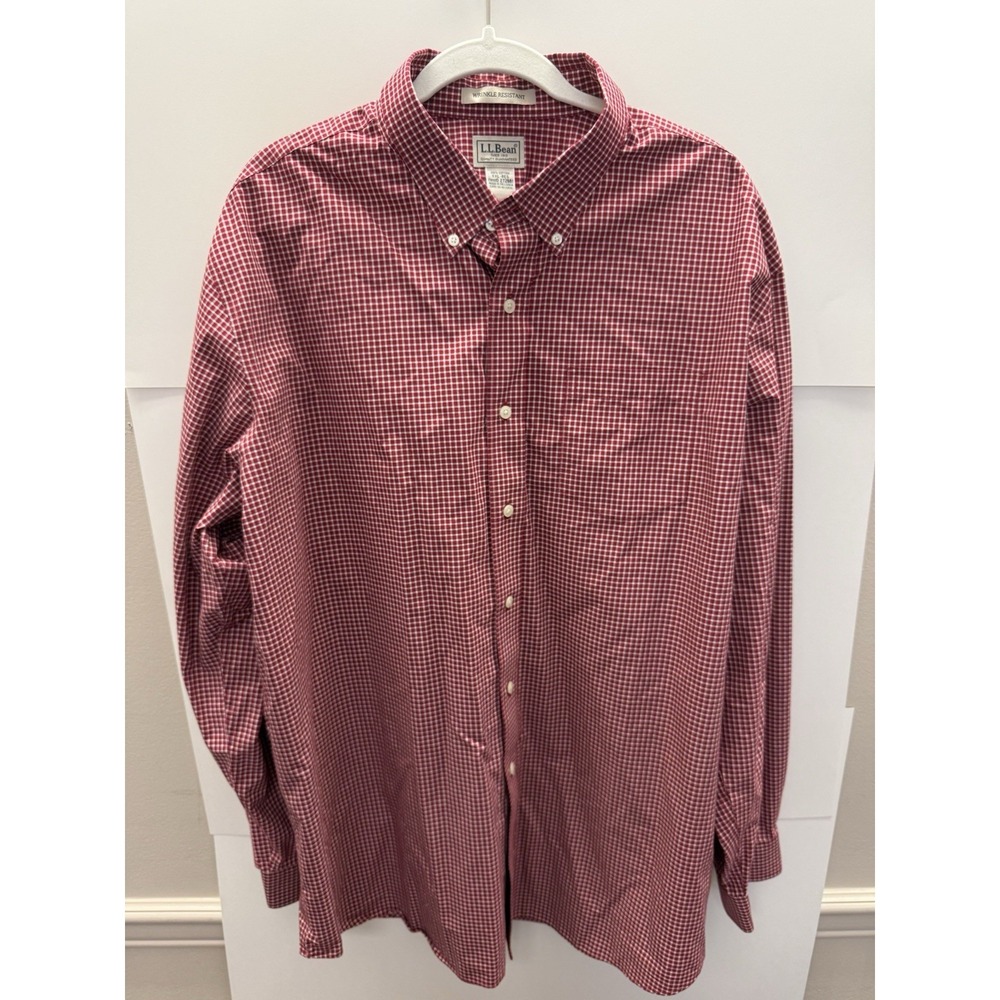 LL Bean Kennebunk Shirt Mens 2XL Reg Tall Red Plaid Button Down Wrinkle Free L/S
